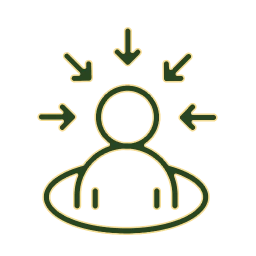 Green line-art icon of a person surrounded by five arrows pointing toward their head.