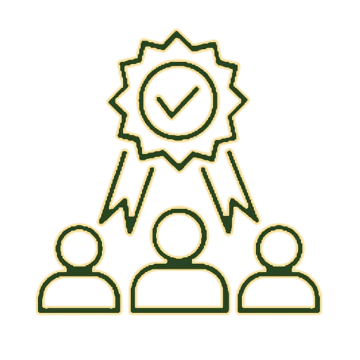 Green line-art icon of a award ribbon with a checkmark above three simplified people silhouettes.