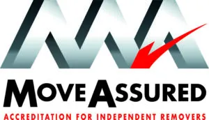 Logo for "Move Assured Accreditation for Independent Removers" featuring stylized metallic letters "MA" with a red checkmark accent.