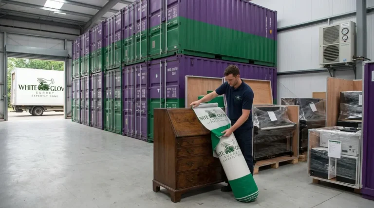 A man rolls a large rolled rug through a storage warehouse with stacked shipping containers and furniture.