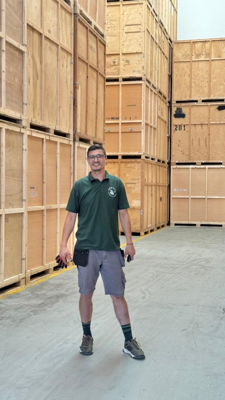White Glove Surrey storage warehouse with wooden storage containers